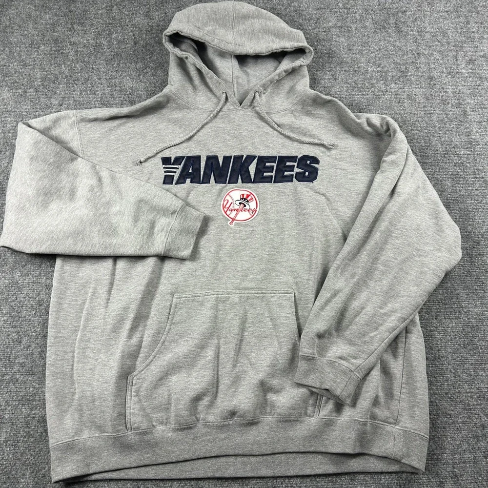 VTG Adidas Hoodie Mens XL Gray New York Yankees Embroidered Logo Sweatshirt MLB‎